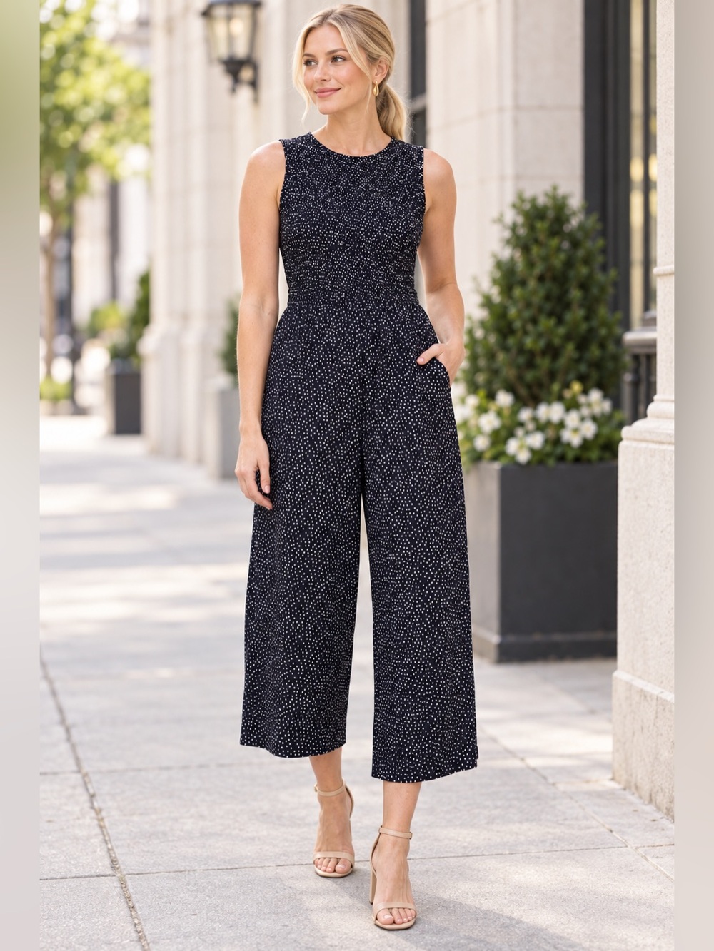 Andrew Marc | Navy & White Polka Dot Smocked Wide-Leg Jumpsuit | Small | NWT